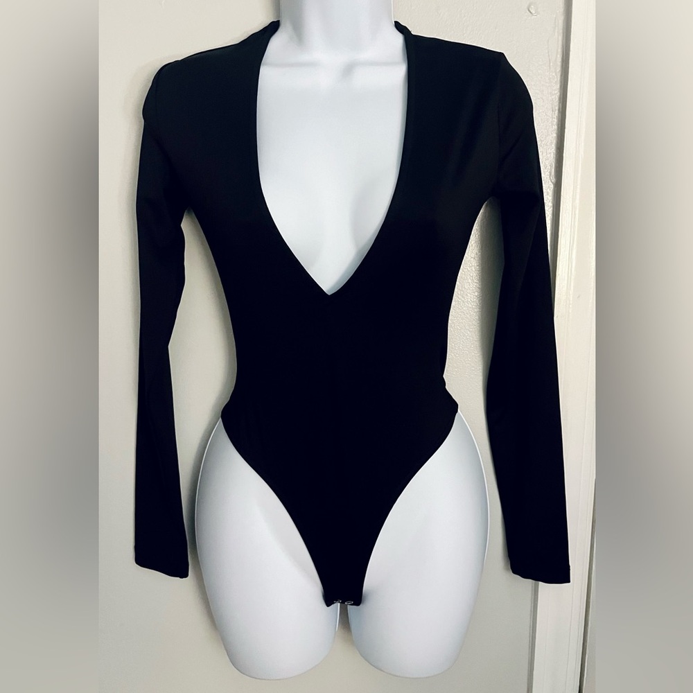 Black Long Sleeve Deep Plunge Bodysuit